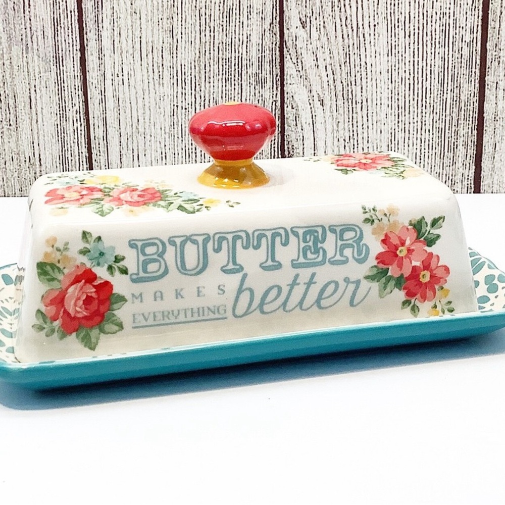 Now 50%off. The Pioneer Woman Floral Butter Dish with Red Knob